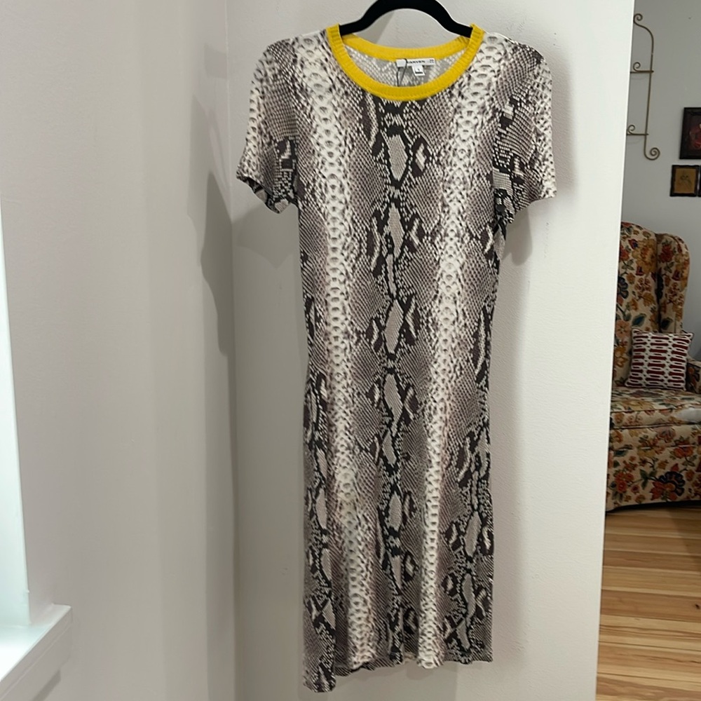 Carven snake print T-shirt dress with yellow ribbed neckline.